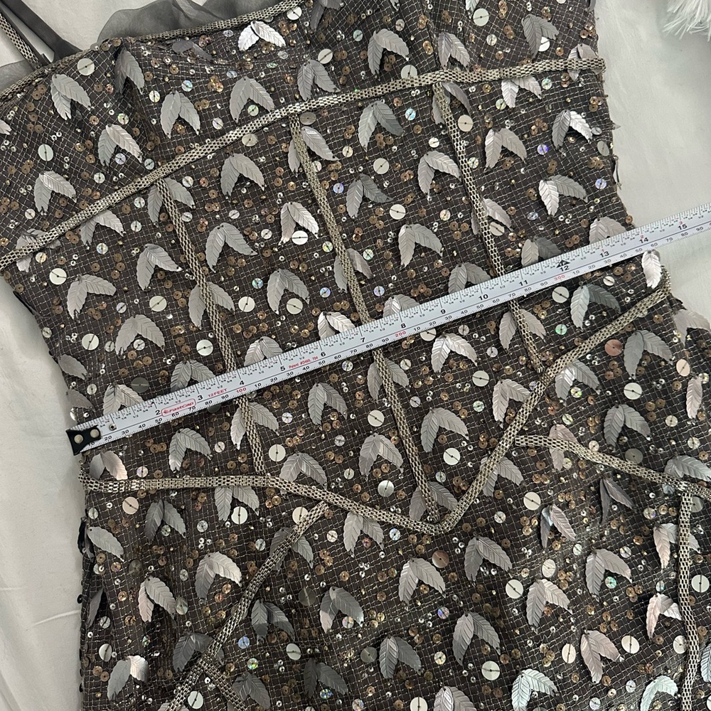 Vintage MANDALAY Gunmetal Beaded Corset Leaf Embellished Midi Dress S/M - Picture 5 of 16